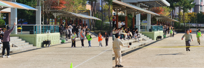 운동장에서 이어달리기를 하고 있다.