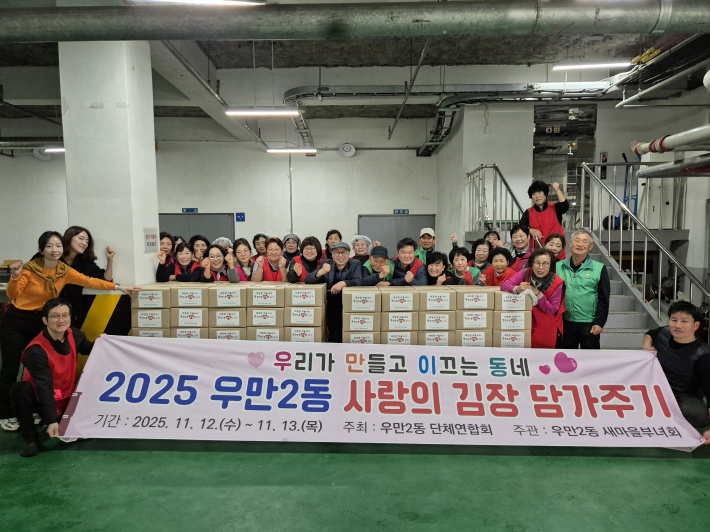 우만2동 단체협의회에서 김장김치 전달식을 진행하고 있다.