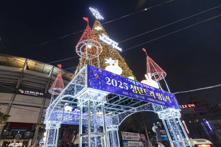 수원 장안구청 사거리 교통섬에 세워진 '2025 새빛수원 성탄트리' 전경     