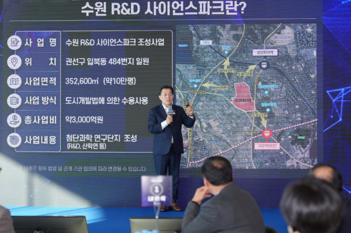 이재준 수원시장이 수원 R&D사이언스 파크 조성사업 추진 상황을 설명하고 있다.