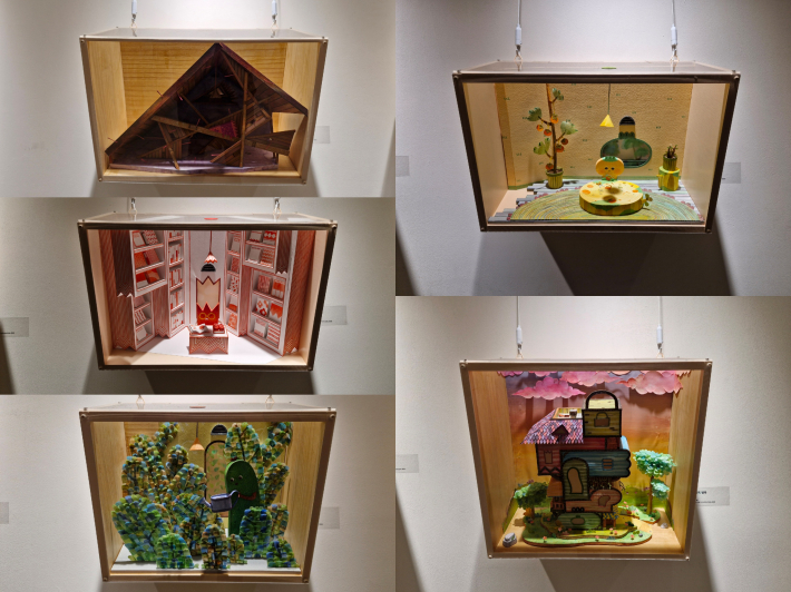 전시 작품들. 왼쪽 상단부터 시계 방향으로 「도치 집」, 「단감이 집」, 「똑똑똑 빌라」, 「오이 집」, 「불꽃 집」