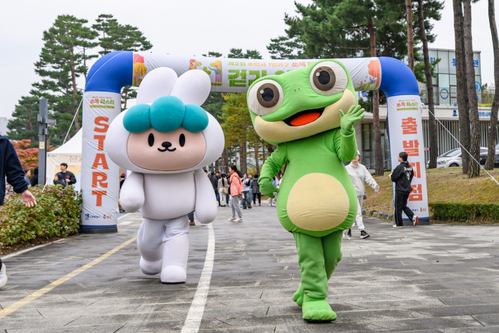 지난 10월 광교호수공원에서 1인가구 쏘옥 페스타가 열린 가운데 수원시 캐릭터인 수원이(수원청개구리)가 걷기대회에 참여하고 있다.