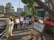 4월23일부터 27일까지 열리는 조원초등학교의 독서행사에서 도서부 학생들이 학교정문에서 등굣길행사에 참여하고 있다.