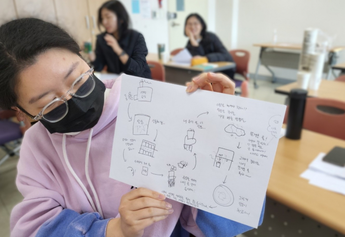 얼음이 녹아 물이 되는 과정을 그림으로 표현해 설명하고 있다.