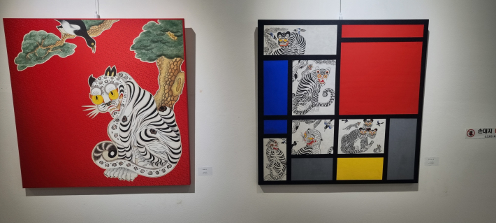 작품명: 몬드리안호랑이, 70*70 순지, 혼합안료