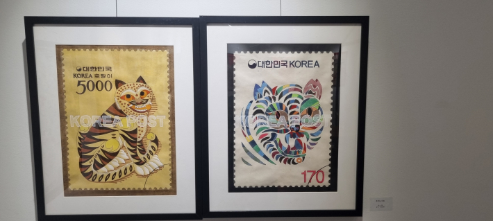 작품명: 호작도 우표 40*30 순지, 수간안료