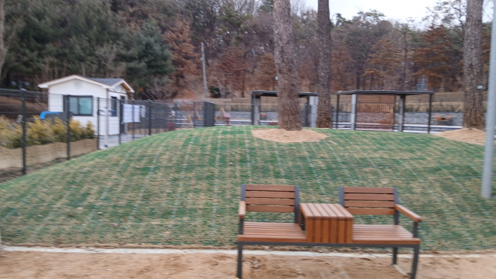 조경수 및 잔디밭과 안락의 의자