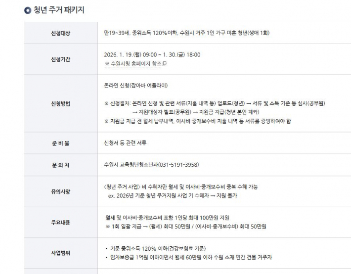 수원 새빛생활비 패키지 홈페이지 일부