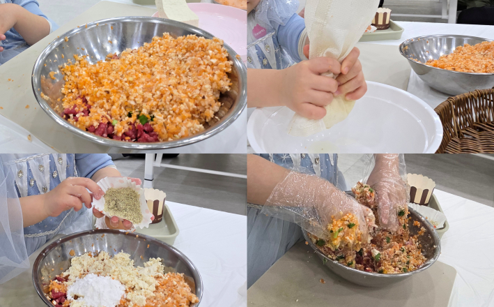 다진 채소와 고기를 섞어 반죽을 만들고 두부의 물기를 짜는 등 동그랑땡 요리 과정을 체험하고 있다.