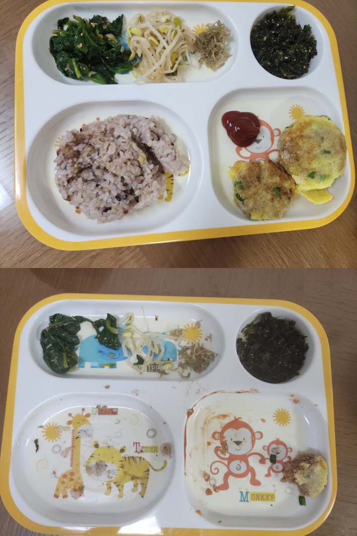 직접 만든 동그랑땡과 반찬으로 차려진 한 끼 식사. 요리를 완성한 뒤 아이가 대부분의 음식을 남기지 않고 먹어 식습관 변화가 나타났다. 