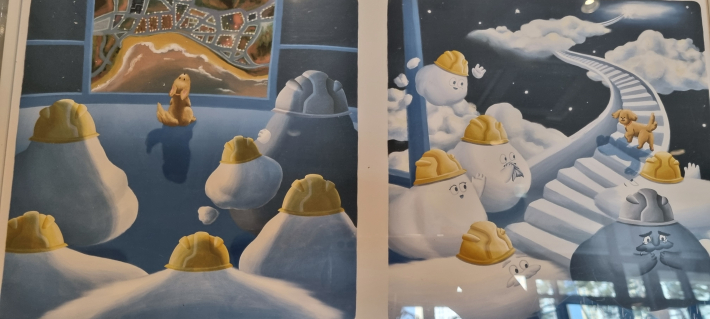 무지개 다리를 건너며 이별의 아쉬움으로 뒤를 돌아 보는 강아지