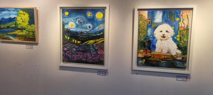 나무판에그린 아크릴화, 고희님의 오마주(유화), 둥이는 늘 먼저 기다렸다(유화)