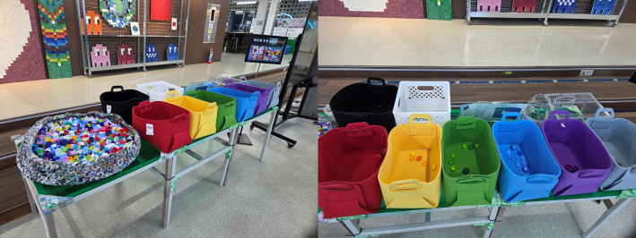 시민들이 가져온 페트병 병뚜껑을 색깔별로 분류하며 재활용 과정을 체험할 수 있는 업사이클플라자 체험 공간