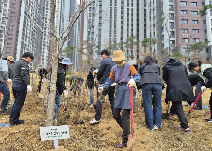 참여 단체들이 지정된 구역에서 나무를 심으며 테마숲 조성에 힘을 보태고 있다.