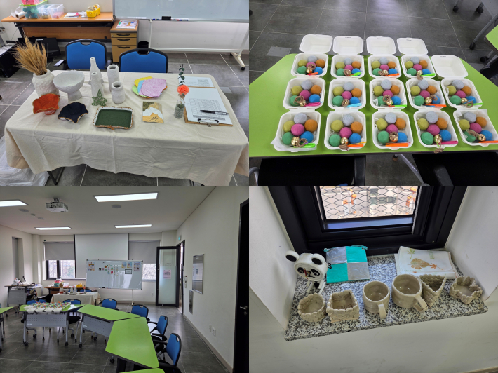 토요아트클럽 수업을 위해 준비된 다양한 체험 재료와 작품 예시, 그리고 참여자들을 맞이하는 교육실 전경 모습