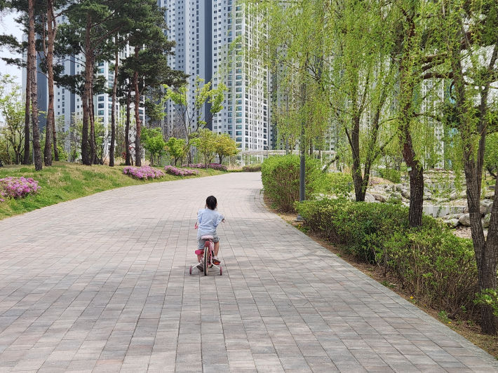 따뜻한 봄날, 시민들이 산책과 자전거를 즐기고 있는 대유평공원 전경
