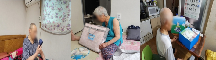 안전한 여름나기를 위한 폭염 예방물품을 전달받고 있는 어르신들.