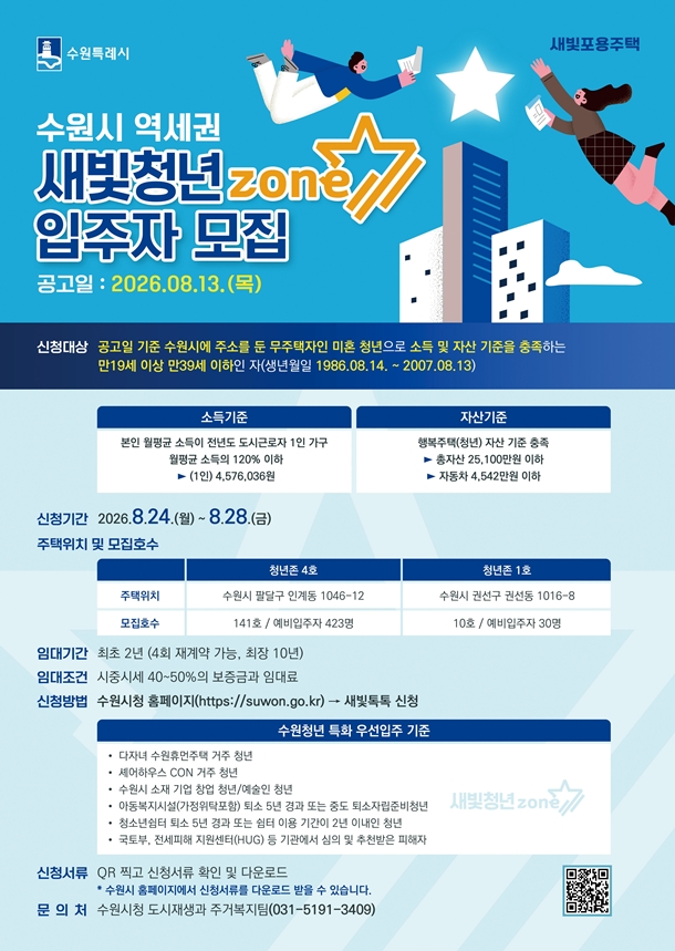 수원특례시 역세권 청년주택 새빛 청년존 입주자 모집 홍보물     