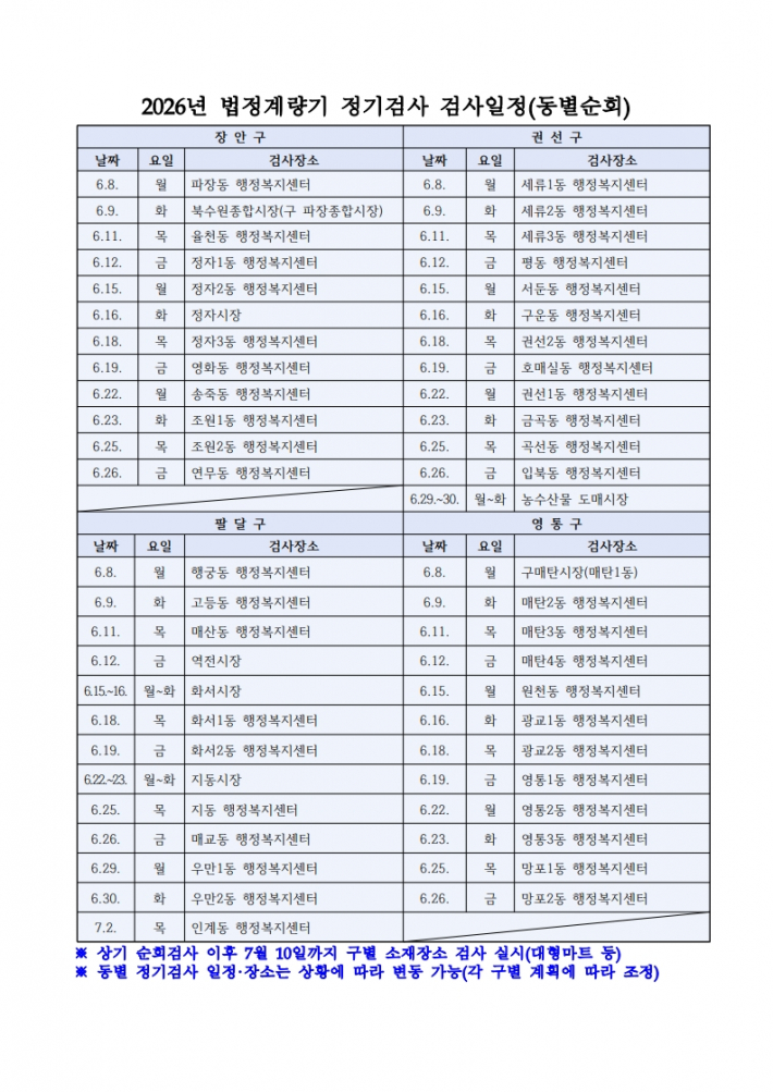 2026년 계량기 정기검사 동별순회 일정표