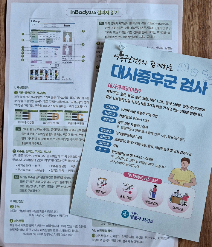 인바디측정 결과지와 보건소 대사증후군 검사 안내문
