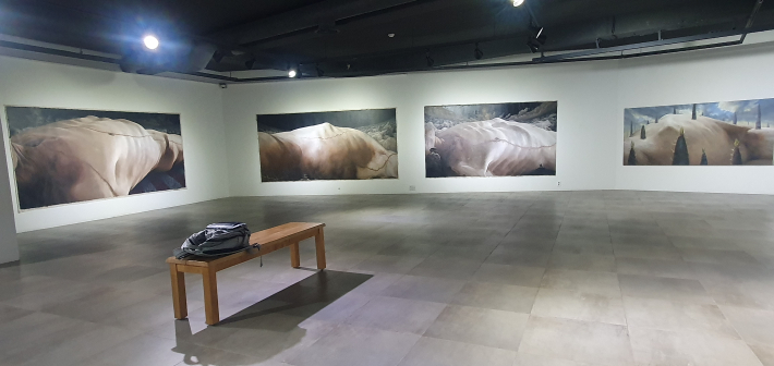 김재홍 작품들이 전시장 벽면을 따라 펼쳐진 모습. 몸과 대지가 겹친 대형 회화들이 공간 전체를 묵직하게 채운다.