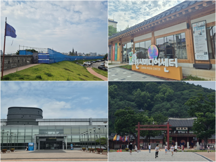 복원 공사가 한창인 성곽길을 지나 수원시미디어센터, 수원화성박물관을 거쳐 도달한 화성행궁의 앞마당. 창룡문에서 시작된 발걸음이 수원의 깊은 역사와 문화 속으로 자연스럽게 이어진다.