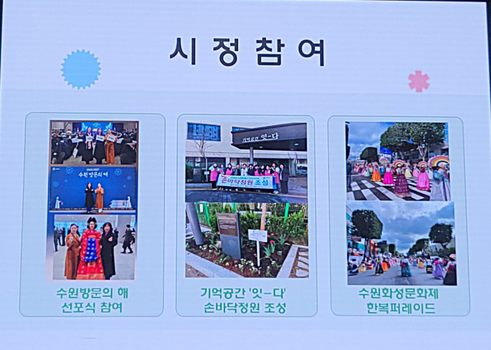수원시여성지도자대학의 참여 활동에 대하여 소개하고 있다.