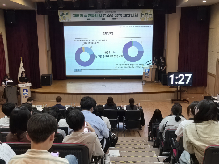 참가팀이 정책을 발표하고 있다.