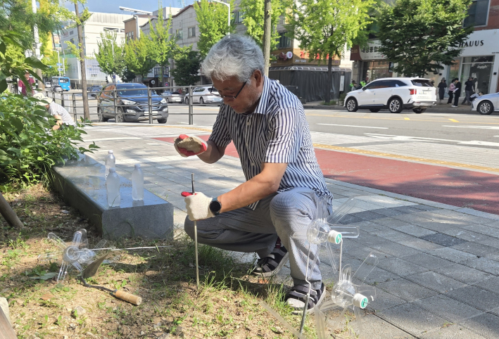 잡초를 뽑아낸  화단에 페트병으로 만든 바람개비 장식을 고정하고 있다.