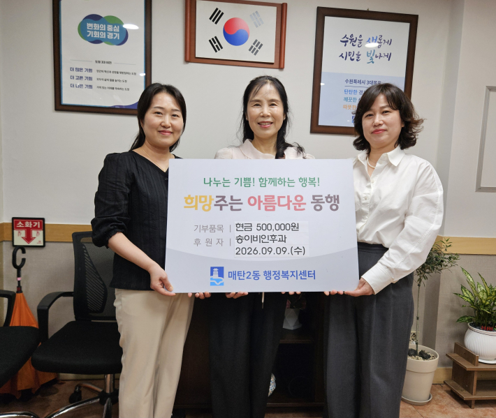 송이비인후과에서 매탄2동행정복지센터를 방문해 후원금을 전달하고 기념촬영을 하고 있다.