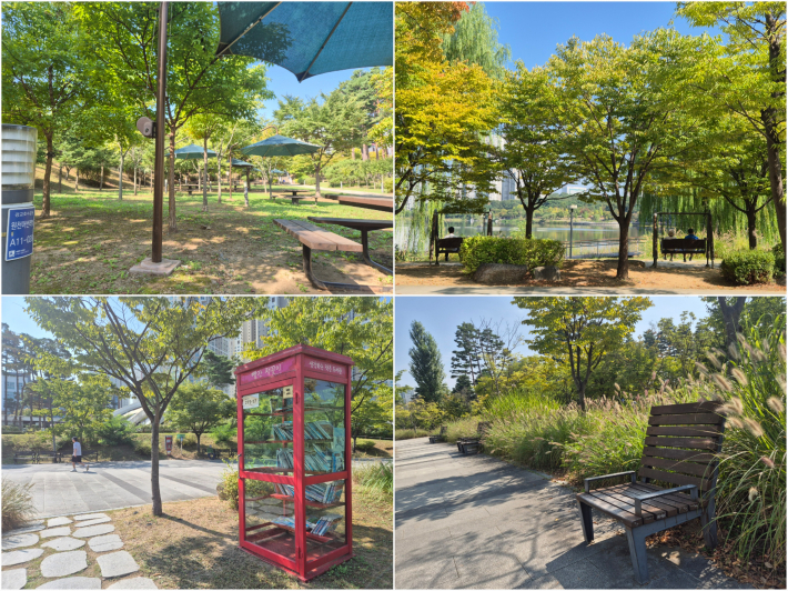 광교호수공원 곳곳에 파라솔과 흔들그네, 1인용 의자 등 다양한 휴식 공간이 마련되어 있어 잠시 쉬어가기 좋다.