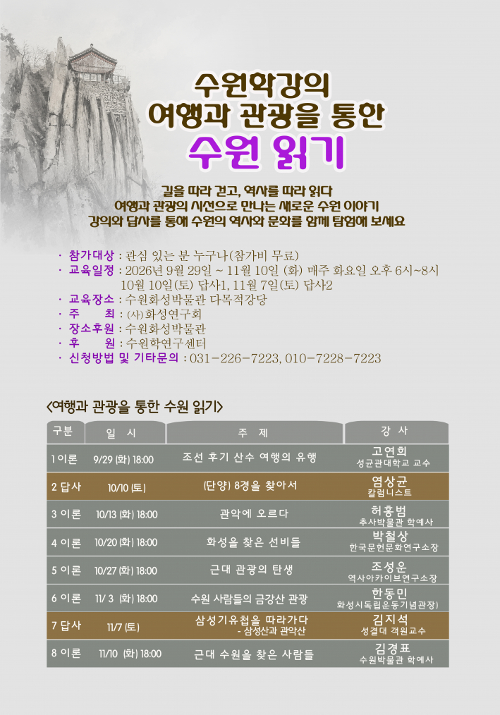 2026 수원학강의, 여행과 관광을 통한 수원 읽기  일정